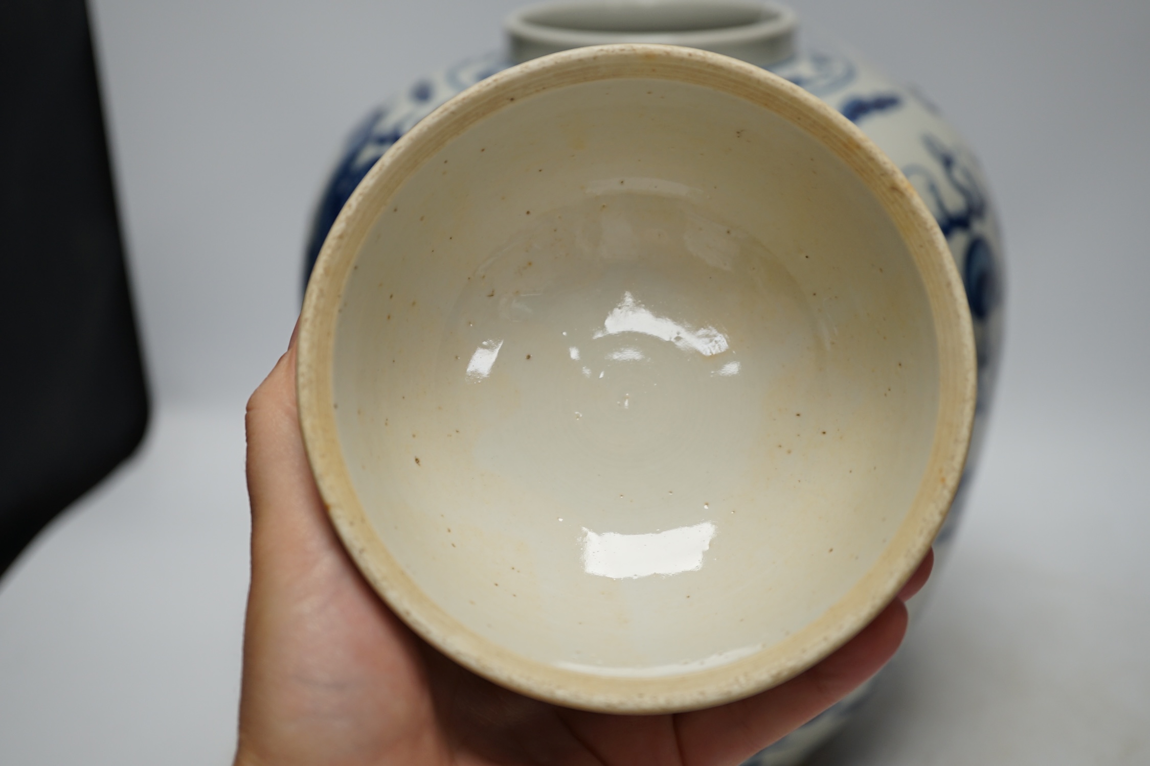 A large Chinese blue and white ‘dragon’ ginger jar and cover, 32cm